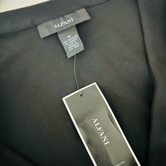 Alfani Black Ruched Side Ruffle Trim Surplice Neck Dress Size M Medium NWT - Picture 3 of 6